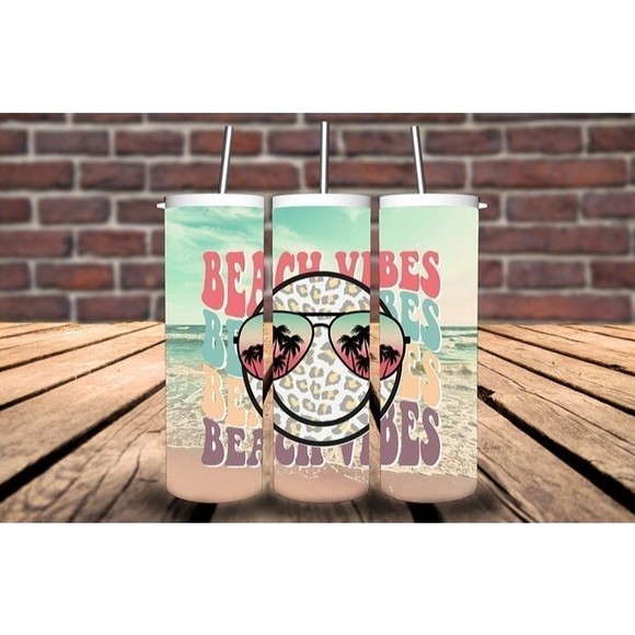 Beach Vibes Retro Print and Smiley Face with Shades Custom Tumbler Gift, Vacay - Picture 1 of 1